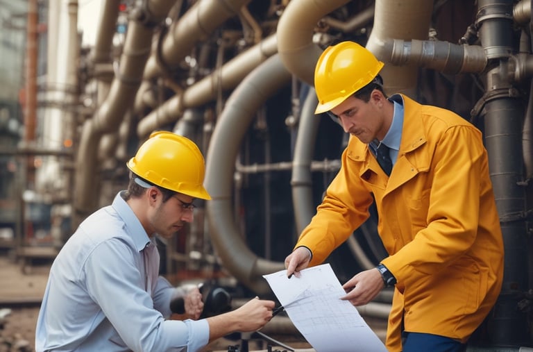 A professional examining a pipeline with tools in a laboratory setting.