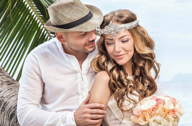 Romantic wedding photo shoot on a tropical island beach in Thailand.