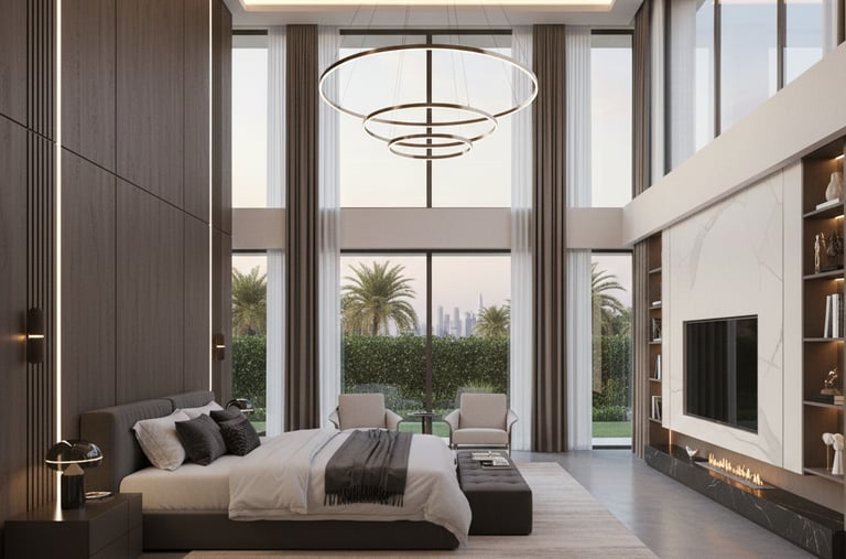 a bedroom with a large bed and a large window