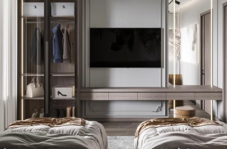 a bedroom with a tv and a bed in the middle of the room Nour Nagy Designs