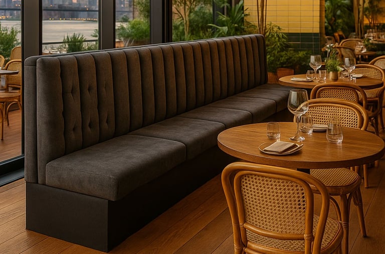 Custom banquette seating by Solo Home Decor, featuring sleek vertical tufted design, perfect for modern upscale dining spaces