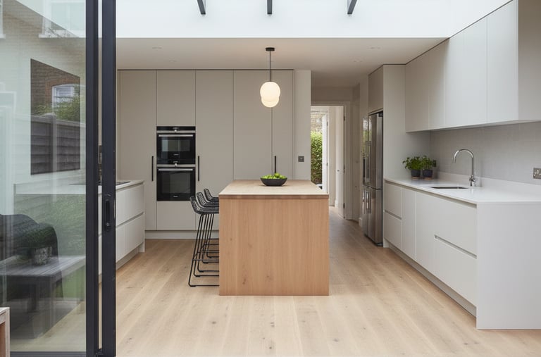 a kitchen with a large window and a table with a bowl of fruit