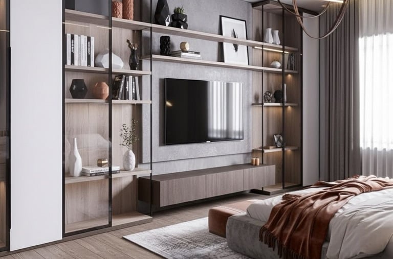 a bedroom with a bed, television, and a television Nour Nagy Designs
