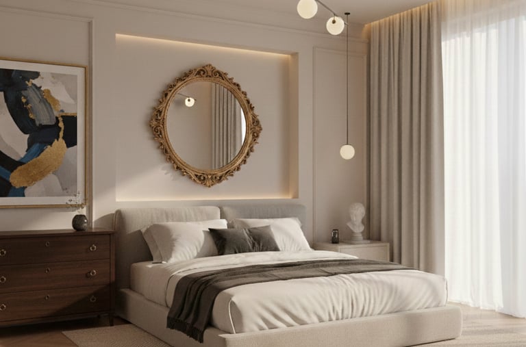 a bedroom with a large bed and a mirror