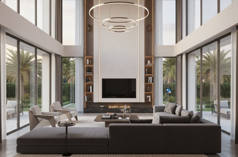 a living room with a large couch and a large window Nour Nagy designs 