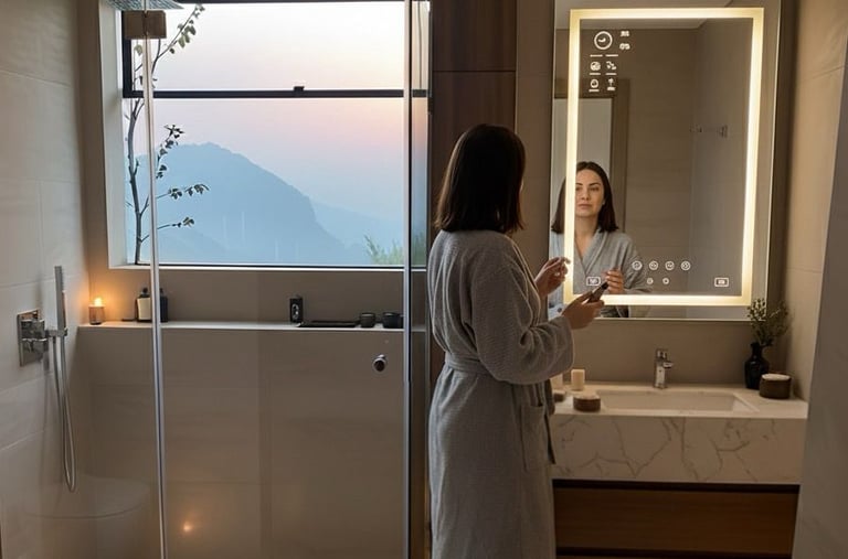 a woman in a robe is standing in a bathroom Nour Nagy Designs