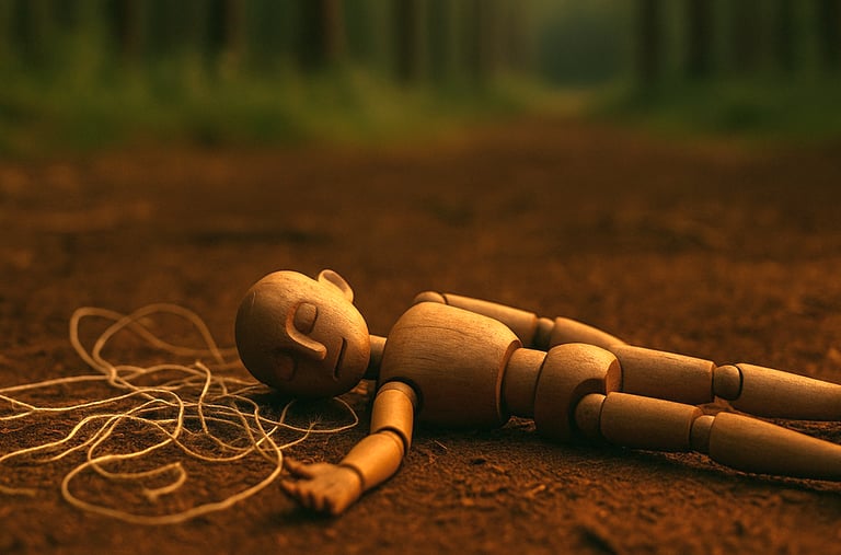 a wooden doll laying on the ground in a forest