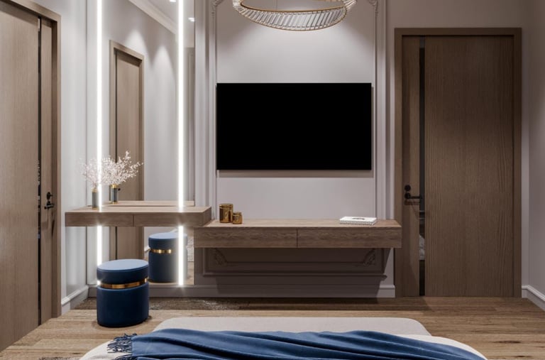 a bedroom with a large television and a large television