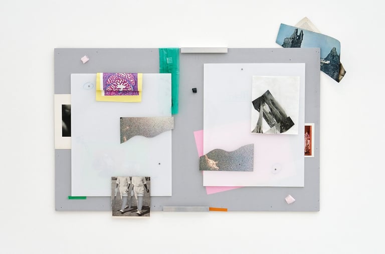 Karl Russell Vickers a notice board with fragments of pictures, paper cutouts and leftover tape