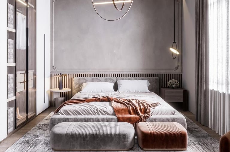 a bedroom with a bed and a couch Nour Nagy Designs
