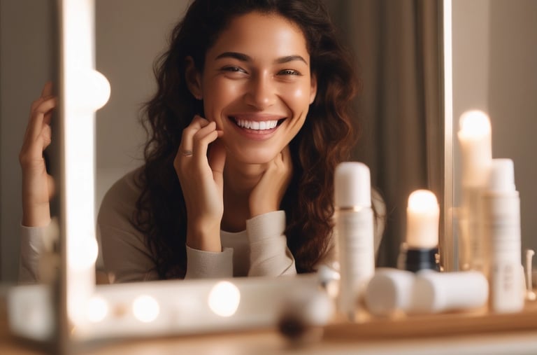 Elegant perfume bottles with pastel pink accents on a clean white background.