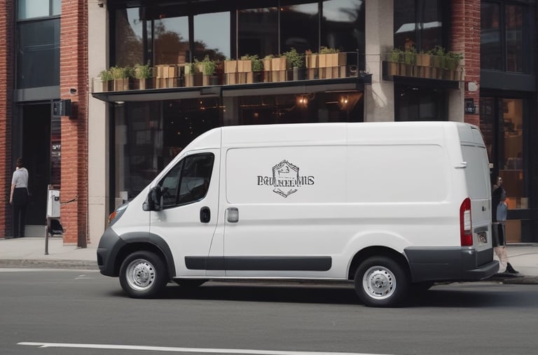 A delivery van with its back doors open, packed with numerous cardboard boxes of various sizes. A person is partially visible inside the van, surrounded by the boxes. The scene suggests the process of loading or unloading packages.