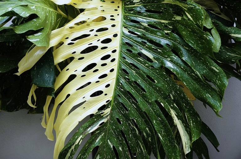 Mature half moon fenestrated Monstera Thai Constellation leaf
