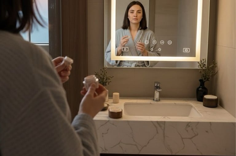 a woman in a robe is looking at her reflection in the mirror Nour Nagy Designs