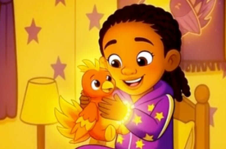 a young girl sitting on a bed holding her plushie phoenix