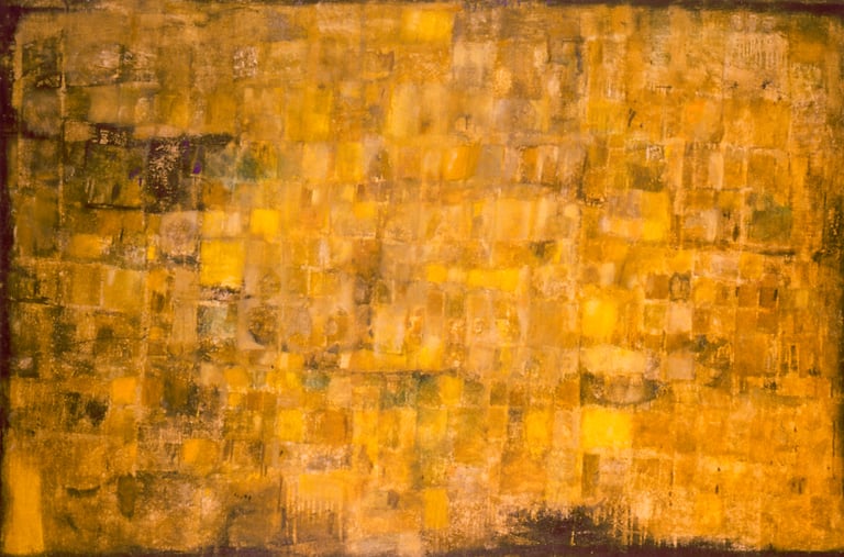 Abstract oil painting with textured yellow and gold squares creating a mosaic pattern.