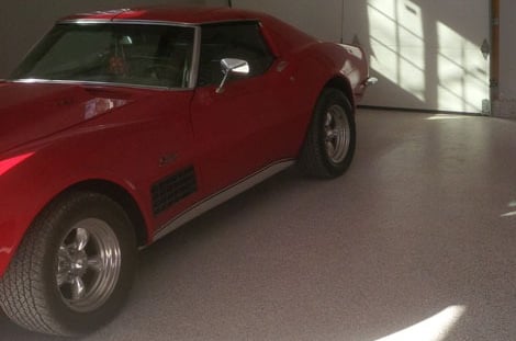 Colour matched flake with matching Corvette parked on a Premium Garage Floor