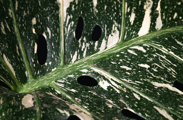 Close up of a Monstera Thai Constellation leaf
