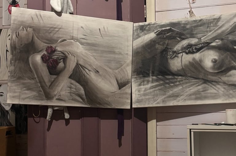 a charcoal artwork on canvas of a nude woman