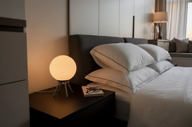 a bed with a lamp on top of it Nour Nagy Designs