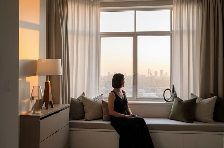 a woman sitting on a window sill with a view of a city Nour Nagy Designs