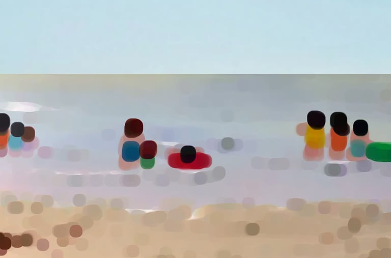 a group of people standing in a line of colorful circles