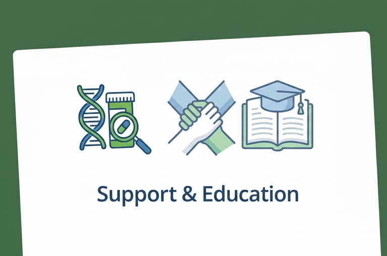 Icons for medical research, community support, and education displayed over a green background.