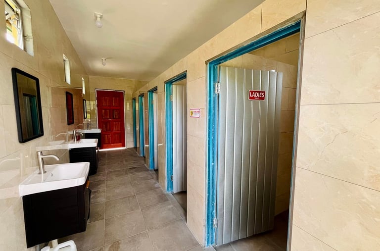 Public restroom interior featuring a row of white sinks and tiled stalls with ladies' toilet signs.