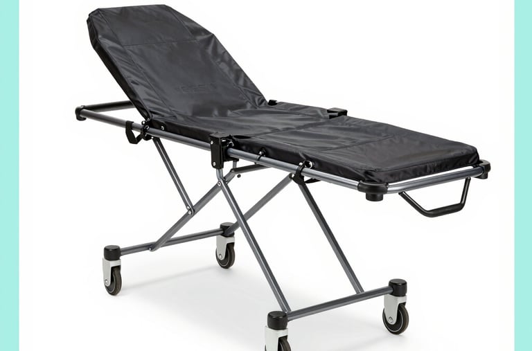 A sturdy, foldable medical stretcher with blue padding ready for patient transport.