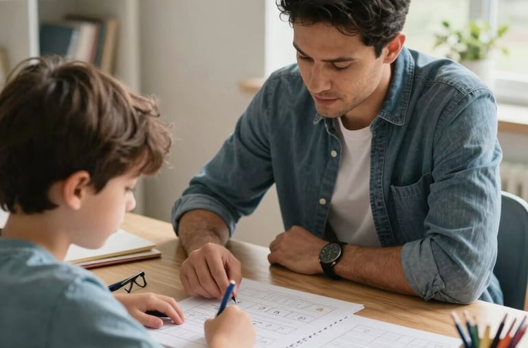 A high-end tutoring desk inside a bright British Columbia home where an educator patiently and calmly assists an elementary student with a custom math project.