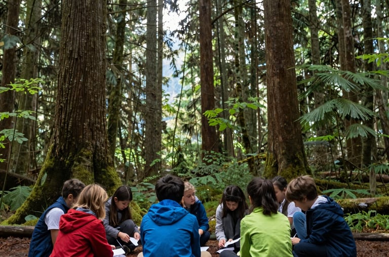 A serene, wide shot of outdoor learning in a beautiful British Columbia forest on a crisp morning, demonstrating natural inquiry and growth.