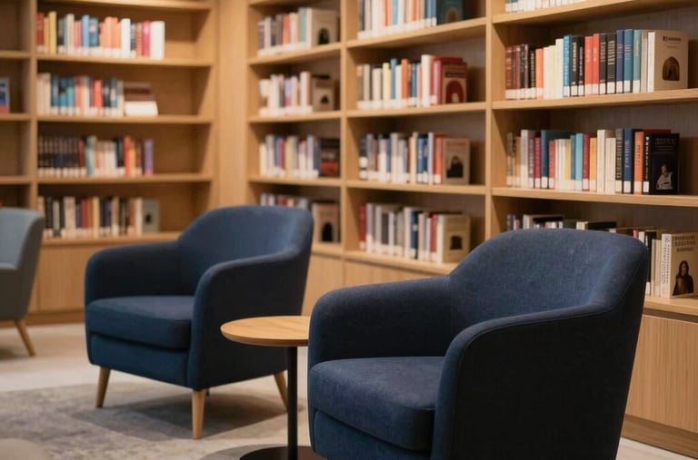An inviting learning center lounge in British Columbia with comfortable, elegant modern navy armchairs and structured bookshelves under a warm, calm glow.