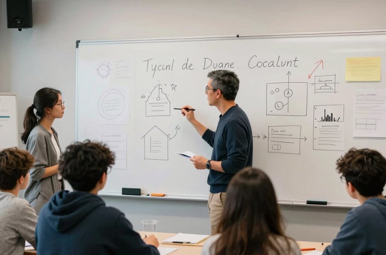A creative workshop room in British Columbia with high-school aged students collaborating around a whiteboard with bright ideas, supervised by a mentor.