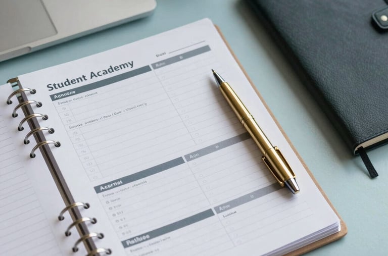 A top-down view of an organized desk featuring a structured student academy planner, a fine gold pen, and neat notebooks in a pale blue room in British Columbia.
