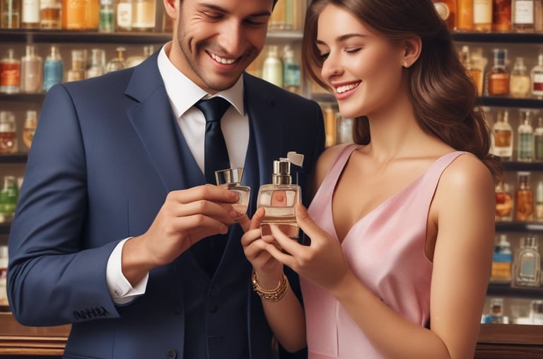 A cozy scene showing a customer testing a perfume sample in a bright, welcoming store corner.
