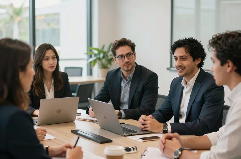 A collaborative marketing strategy meeting between agency leads and a Florida business owner in a bright, modern office space in North American / US / Florida.