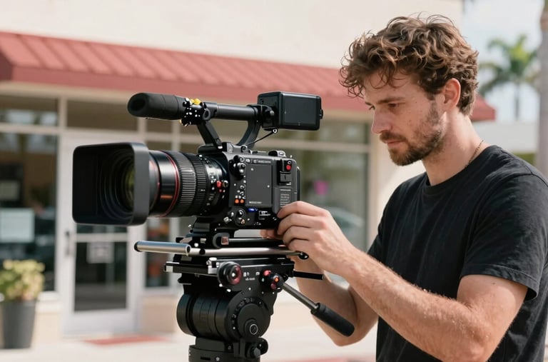 A videographer adjusting a digital camera rig on location at a sunlit Florida storefront for a local business promotional video shoot in North American / US / Florida.