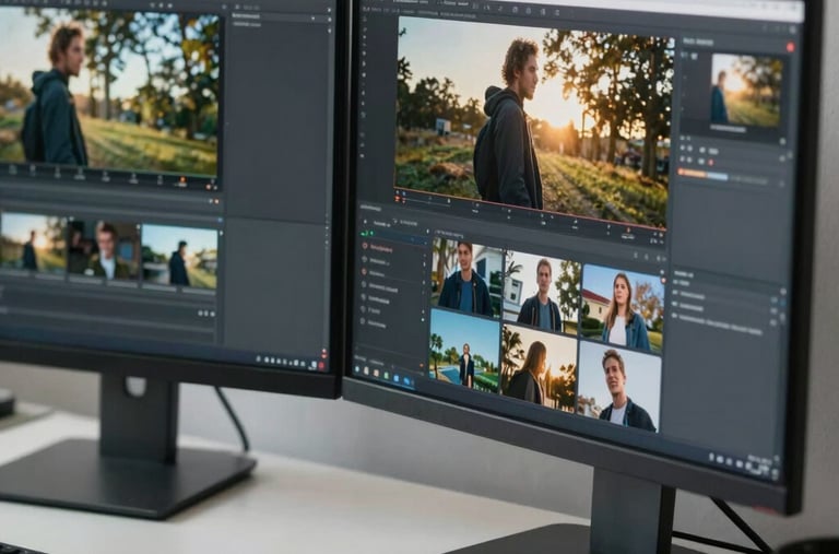 A graphic designer editing promotional video clips and social media posts on dual monitors with soft slate grey accents in North American / US / Florida.