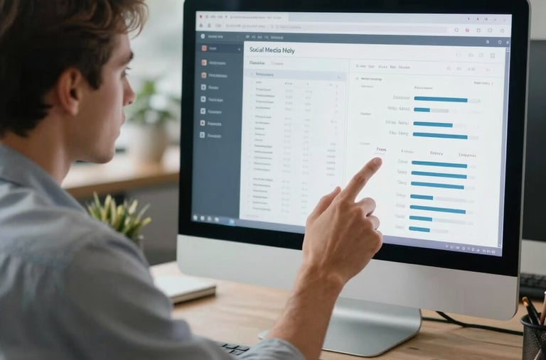 A digital marketing strategist in a modern Florida workspace analyzing social media metrics on a computer monitor with slate grey and light blue tones in North American / US / Florida.