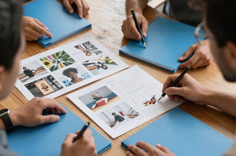 A social media creative team reviewing storyboards and photo proofs around a wooden work desk with slate blue folders in North American / US / Florida.
