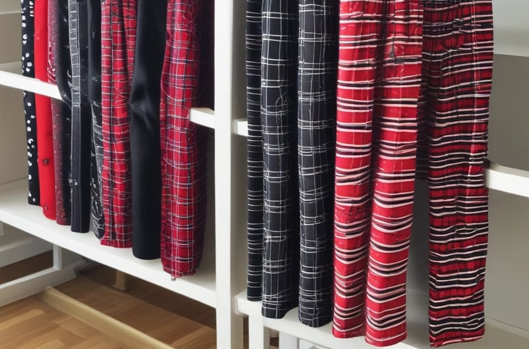 Colorful choir-themed tote bags hanging on a rack ready for purchase.