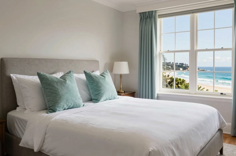A luxurious holiday home bedroom on the Victorian coast. The bed is perfectly made with crisp white linen and light teal decorative pillows. Through the window, the Australian coastline is visible. The room feels inviting and impeccably clean. Bright, airy, and sophisticated photography.