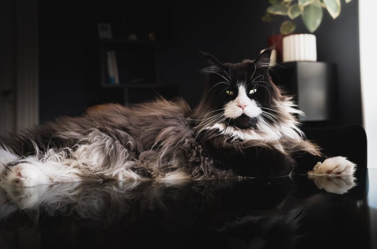 Portrait d’un chat noir et blanc allongé en lumière naturelle