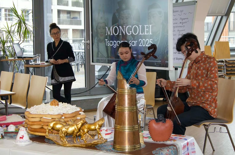 Musicians playing the Morin Khuur at a Mongolian Tsagaan Sar 2025 lunar new year cultural event.