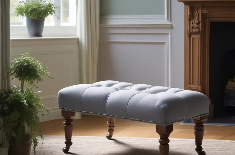 A stylish footstool with elegant fabric and wooden legs, placed in a warm living room setting.
