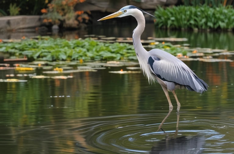 A heron flying away from a pond protected by the Pond Guard system at dawn.