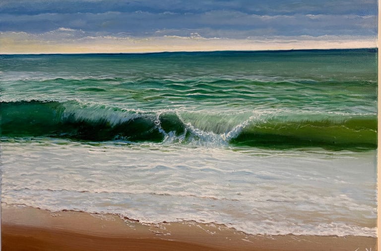 Original seascape painting by Janet Gray featuring rolling waves, coastal light and shoreline reflections