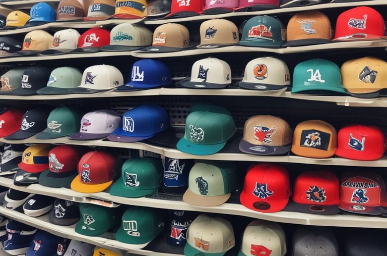 A selection of trendy caps and hats displayed on a rustic wooden table.