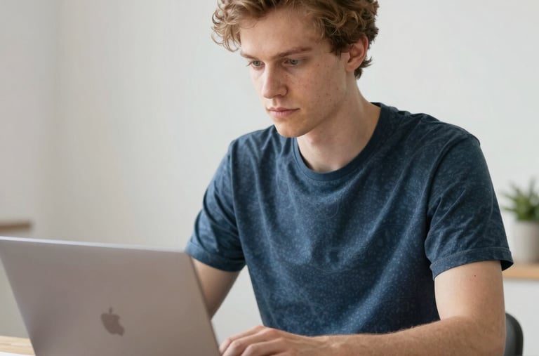 Digital nomad working on a laptop in a modern coworking space.