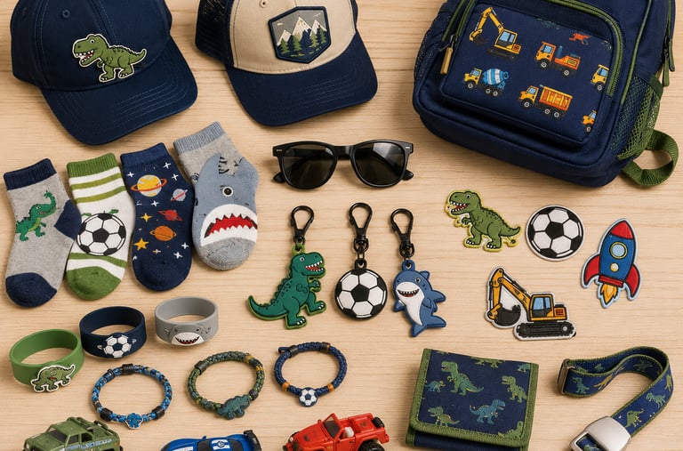 Collection of kids' accessories featuring dinosaur and construction patterns on hats, backpacks, and socks.